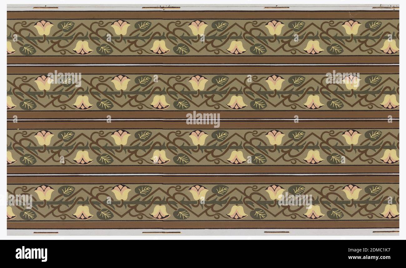 Bordo, stampato a blocchi, rotolo di carta da parati, stampato su quattro punti, tulipani stilizzati su steli a zig-zag, avvolti intorno a una spina spinosa., USA, 1875–1906, Wallcoverings, bordo Foto Stock