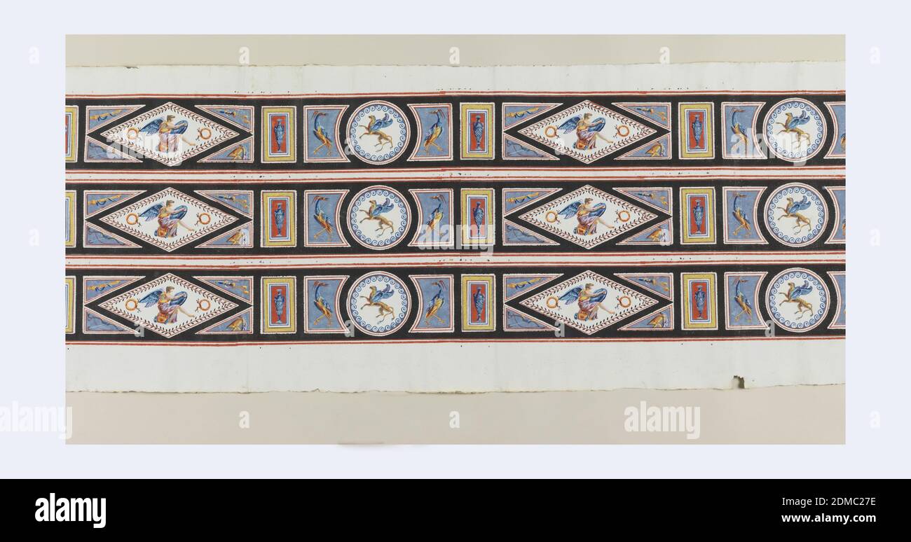Bordo, blocco stampato su carta fatta a mano, motivi in stile pompeiano all'interno di medaglioni, stampato tre bordi attraverso la larghezza. Un medaglione a forma di diamante contenente una figura alata seduta si alterna con un medaglione rotondo contenente un cavallo alato o un grifone. Tra ciascuno di questi motivi c'è una piccola urna in una cornice rettangolare. Stampato a colori su un terreno bianco., Francia, 1775–99, Wallcoverings, Border Foto Stock