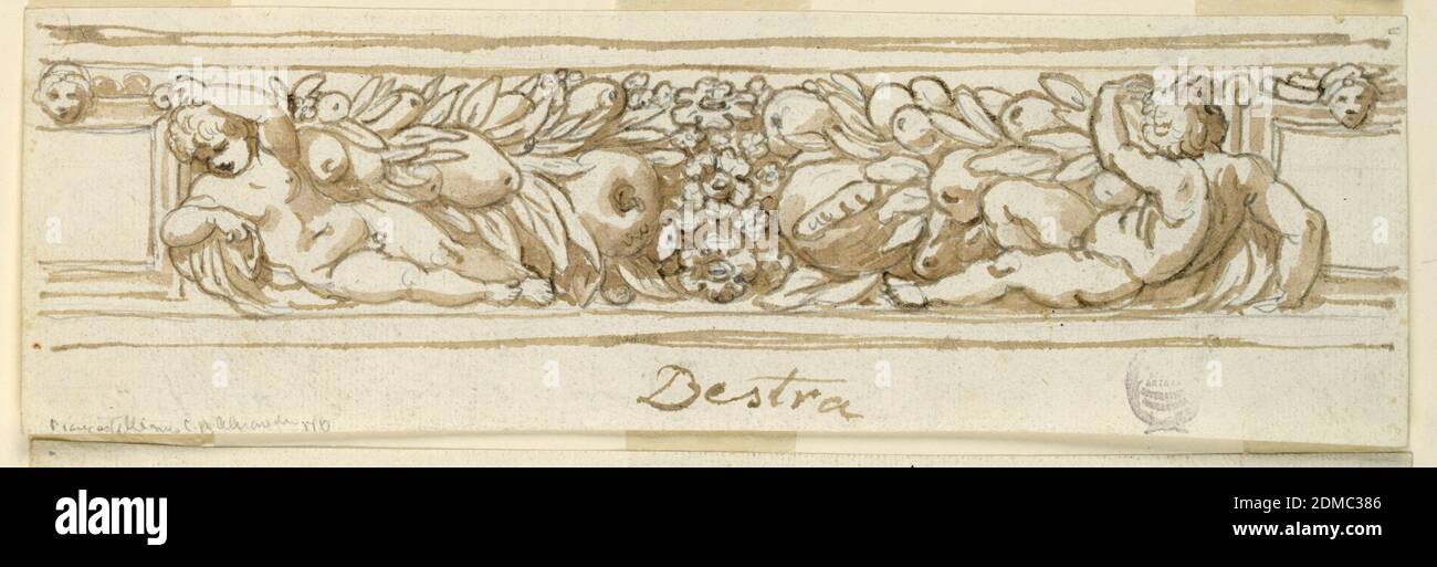 Progetto per un fregio dipinto, grafite, penna e inchiostro, pennello e acquerello su carta, fregio con putti, frutta e fiori., Italia, 1775–1800, ornamento, disegno Foto Stock