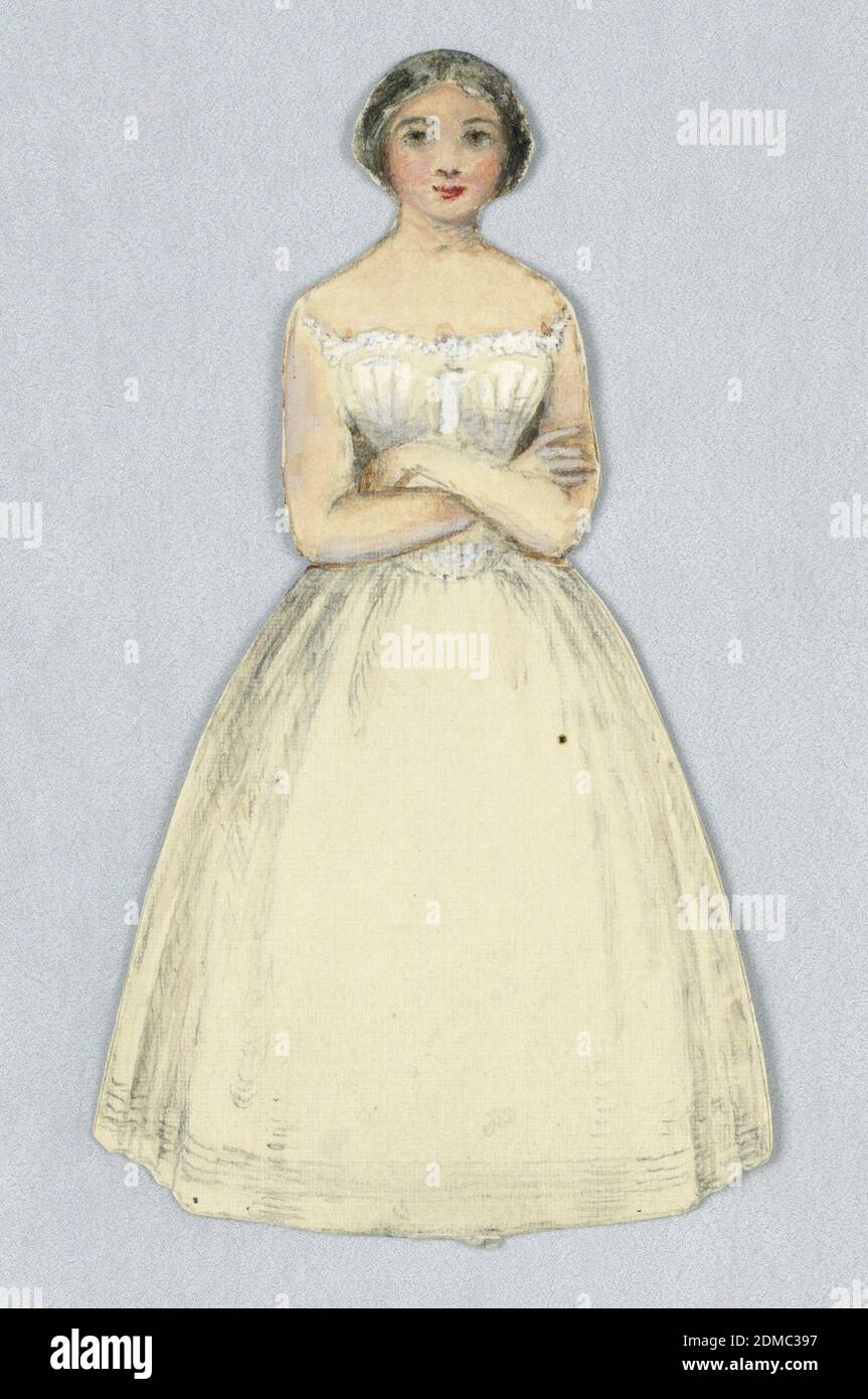 Bambola di carta in Petticoats, incisione con grafite, pennello e gouache e acquerello, penna e inchiostro nero su carta di wove biancastra, bambola di carta dai capelli neri in petticoat bianchi e camisola (corset?) Con le braccia ripiegate davanti a lei, USA, 1840–60, giocattoli e giochi, bambola di carta, bambola di carta Foto Stock