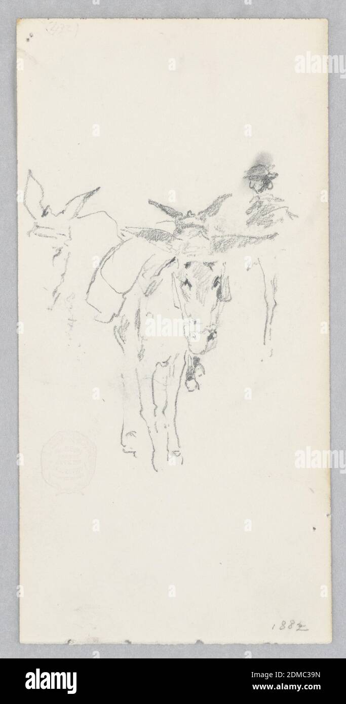 Asini, Robert Frederick Blum, americano, 1857–1903, grafite su carta in wove, schizzo di due asini e una figura maschile., USA, 1882, trasporto, disegno Foto Stock