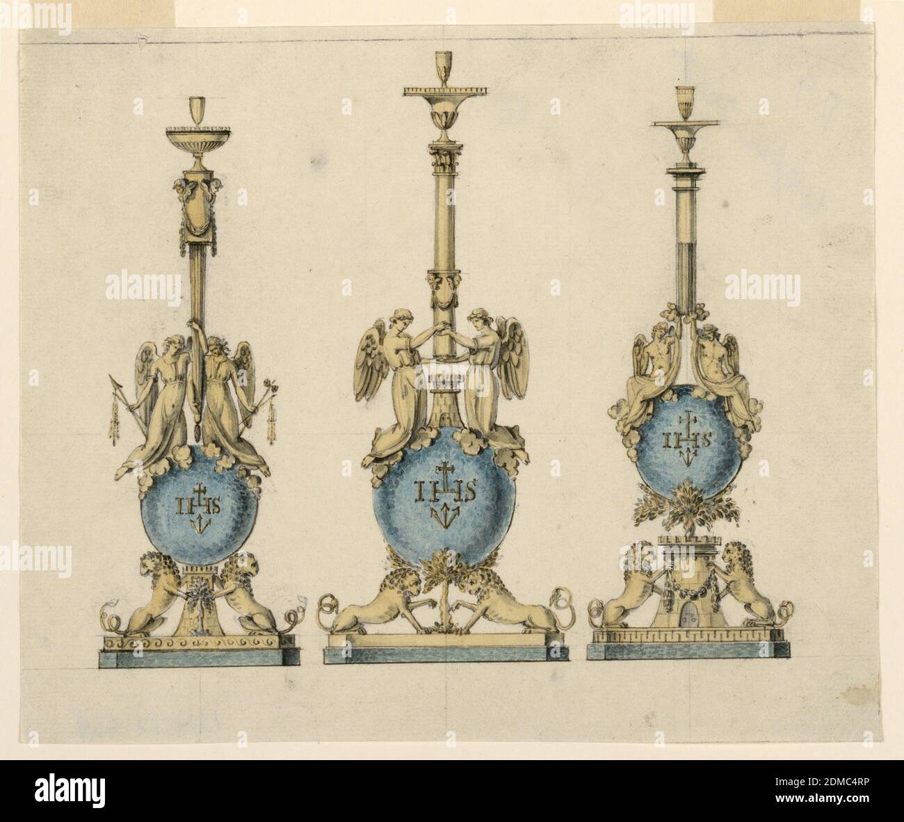 Tre disegni per altare Candelette per una Chiesa gesuita, Pietro belli, italiano, 1780–1828, penna e inchiostro, pennello e acquerello, grafite su carta, rettangolo orizzontale. Disegni per tre candelabri d'altare per una chiesa di Gesuiti. Destinato ad essere realizzato in metallo dorato e marmo blu e verde. Tutti hanno sotto coppie di leoni su una base. Quelli nel disegno di sinistra siedono sulle loro gambe posteriori e si appoggiano contro una torre che ha un albero davanti. Quelli al centro si siedono accanto ad un albero, sollevati sulle loro gambe anteriori. Quelli a destra si siedono sulle loro gambe posteriori e tengono un festone di fronte ad una torre chiusa Foto Stock