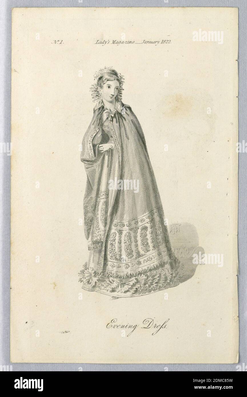 Plate 1, The Lady's Magazine, Second Series, Vol. 3, incisione su carta, illustrazione di moda con una giovane donna, mostrata a tutta lunghezza, con un mantello a tutta lunghezza decorato ad orlo con elementi botanici tra cui foglie e fiori, disposti in disegni evocativi di motivi paisley e bordi. Il mantello è spartito all'altezza del busto per rivelare un abito sartoriale e le mani guinzite sotto. I suoi capelli sono anche adornati con elementi botanici per abbinare. Una leggera ombreggiatura dietro la figura rivela elementi decorativi interni., Inghilterra, gennaio 1822, costume & accessori, Stampa Foto Stock