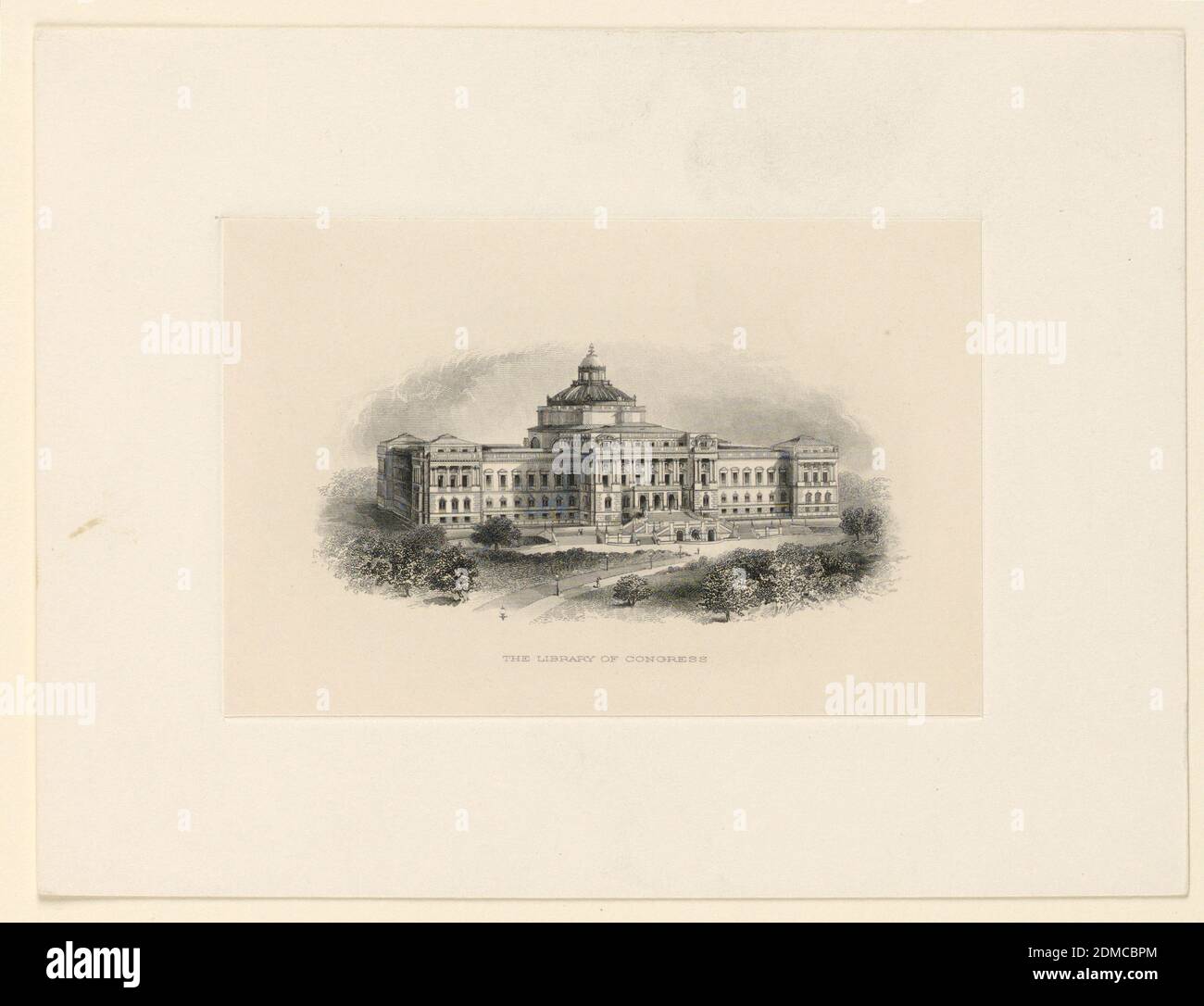 Prova delle banconote: La Biblioteca del Congresso, Bureau of Engraving and Printing, Dipartimento del Tesoro degli Stati Uniti, Washington, D.C., incisione in inchiostro nero su carta, prova di incisione di banconote. Vignette, con la facciata della Biblioteca del Congresso, Washington, D.C., visto dall'alto., USA, ca. 1900, numismatica, nota bancaria, nota bancaria Foto Stock