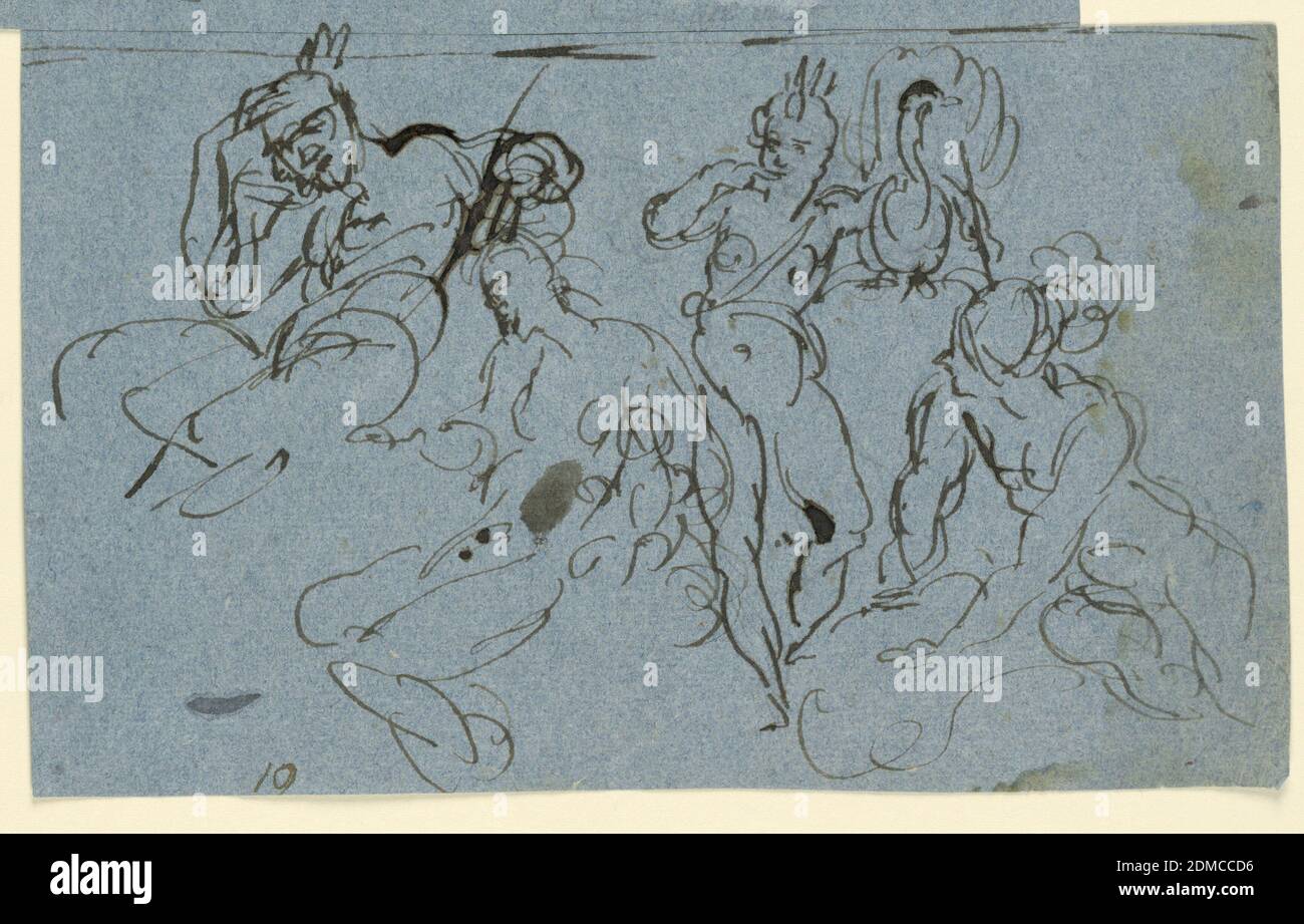 Disegni per il Giudizio di Parigi, penna e inchiostro su carta blu, da destra a sinistra: Atena seduta con le gambe solo parzialmente visibili. Juno in piedi accanto ad un pavone. Venere e Cupido seduti. Un'altra figura apparentemente dormiente è presente., Italia, 1660–1680, ornamento, disegno Foto Stock