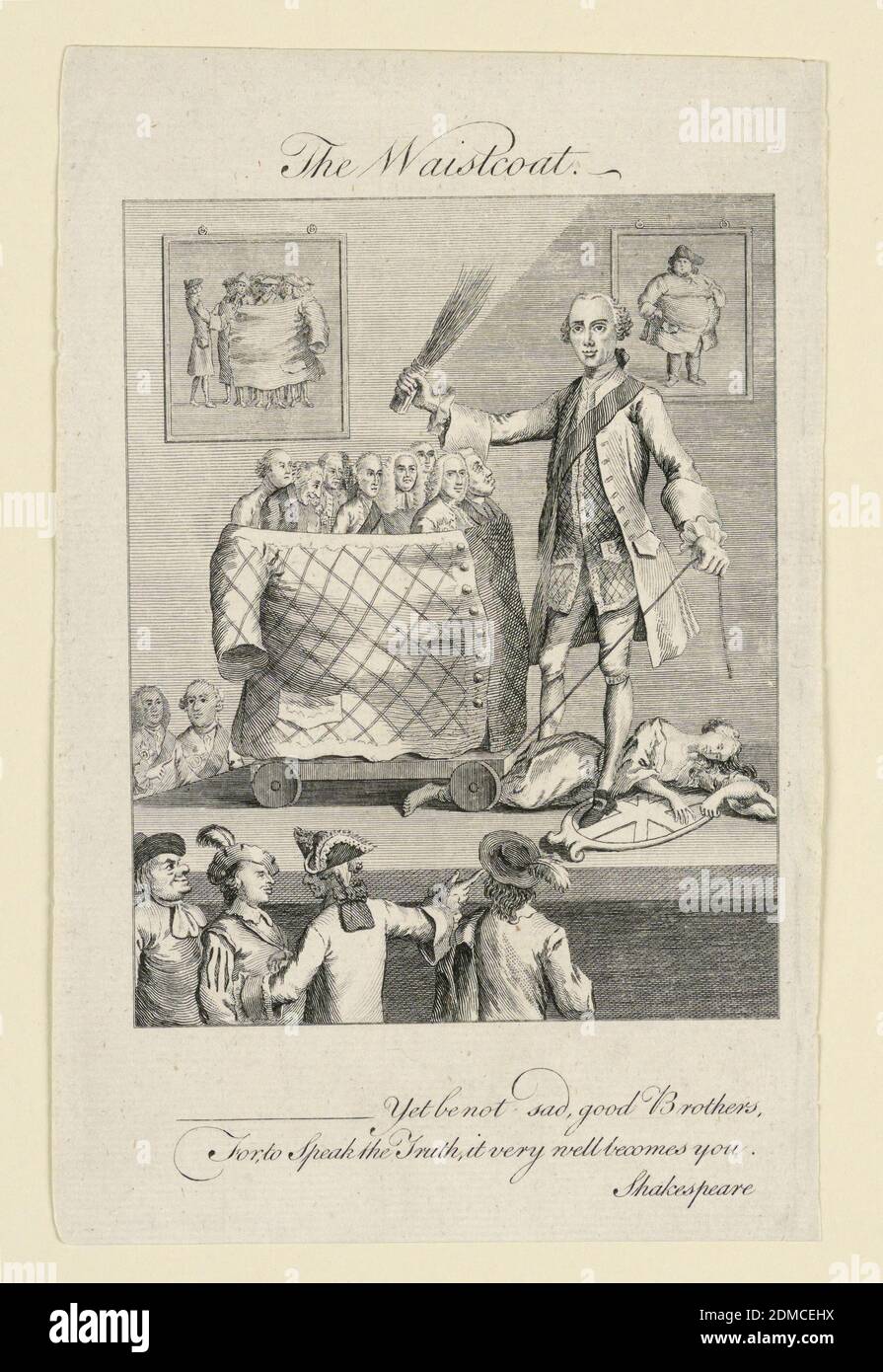 Il gilet (caricatura sulla moda dei Waistcoats), sconosciuto, inglese,  incisione su carta, in questa caricatura, un uomo dimostra come un gilet  può adattarsi intorno ad un gruppo di uomini molto più piccoli.