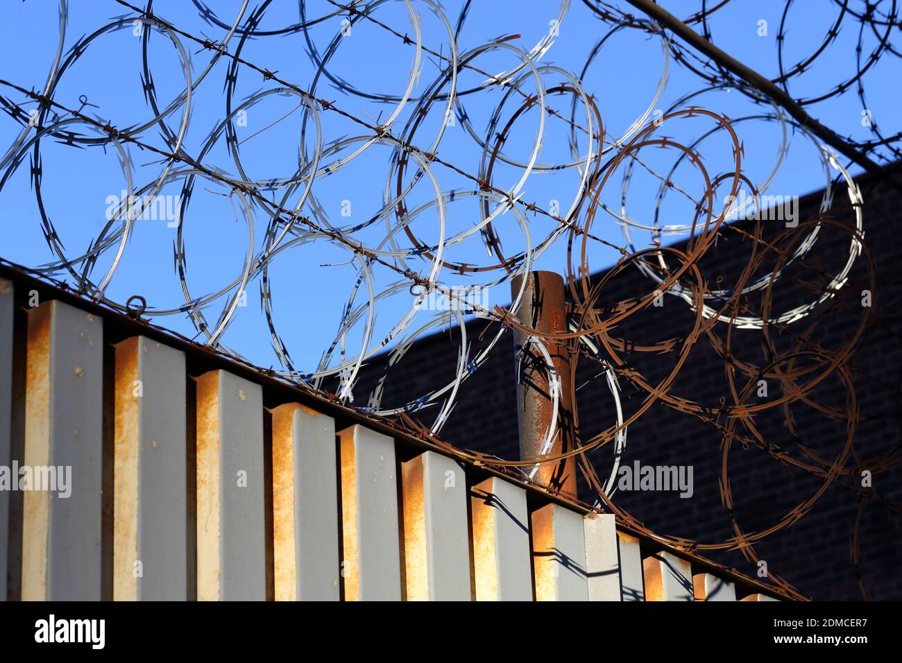 Several layers of razor wire on top of a metal fence with a blue sky background. Foto Stock