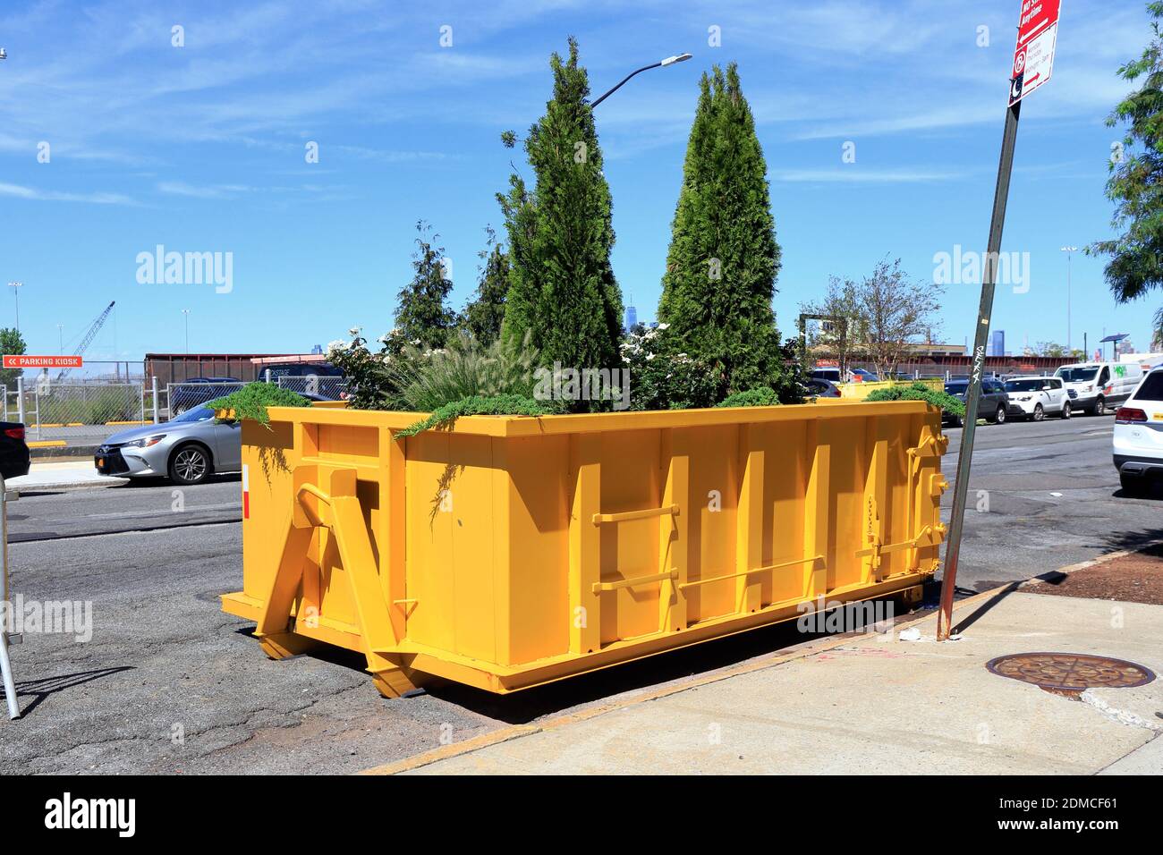 Un dumpster da 2000 galloni riproposto come piantatrice di alberi situata a Industry City a Brooklyn, New York. Foto Stock