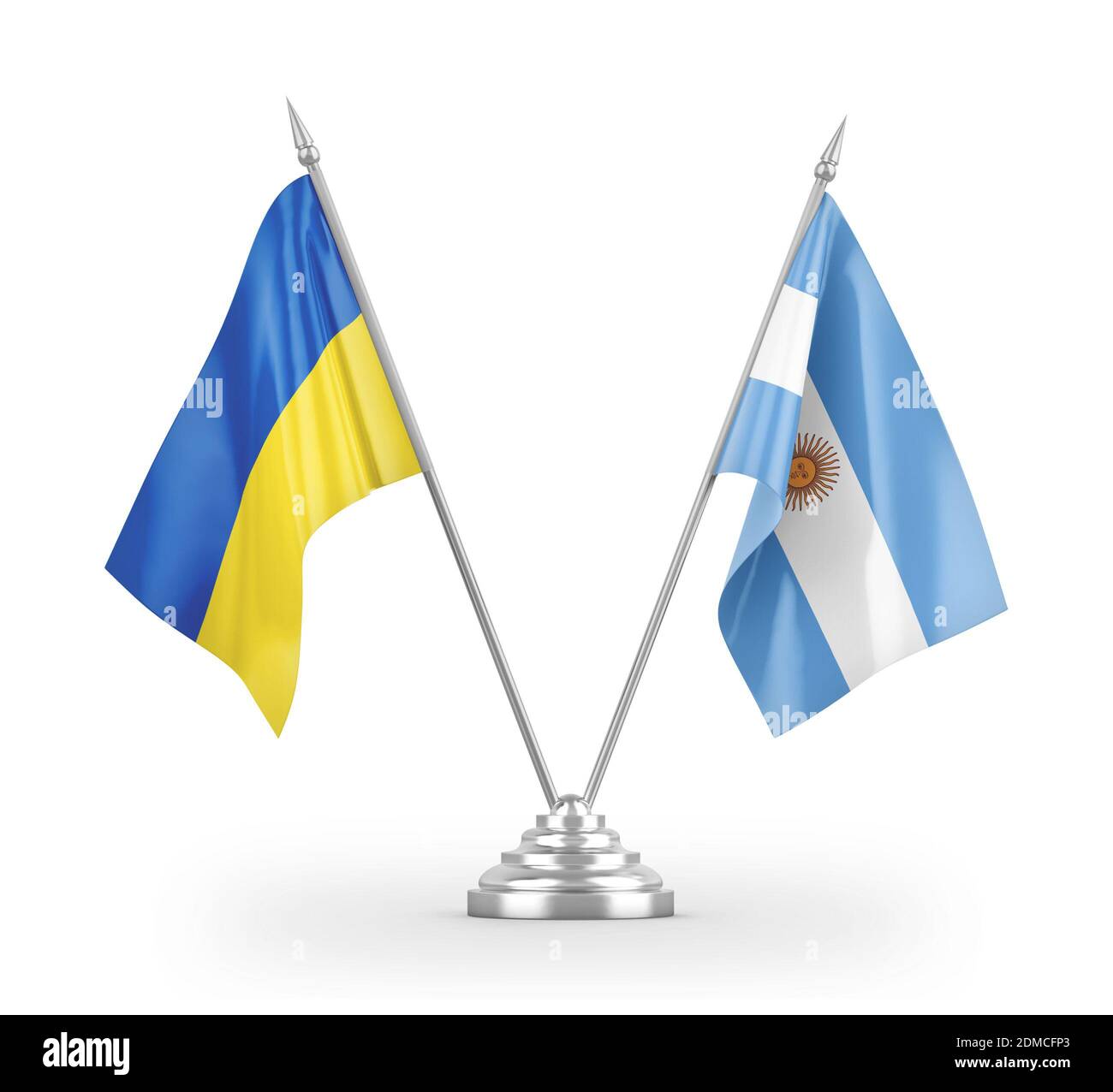 Bandiere da tavolo in Argentina e Ucraina isolate sul rendering 3D bianco Foto Stock