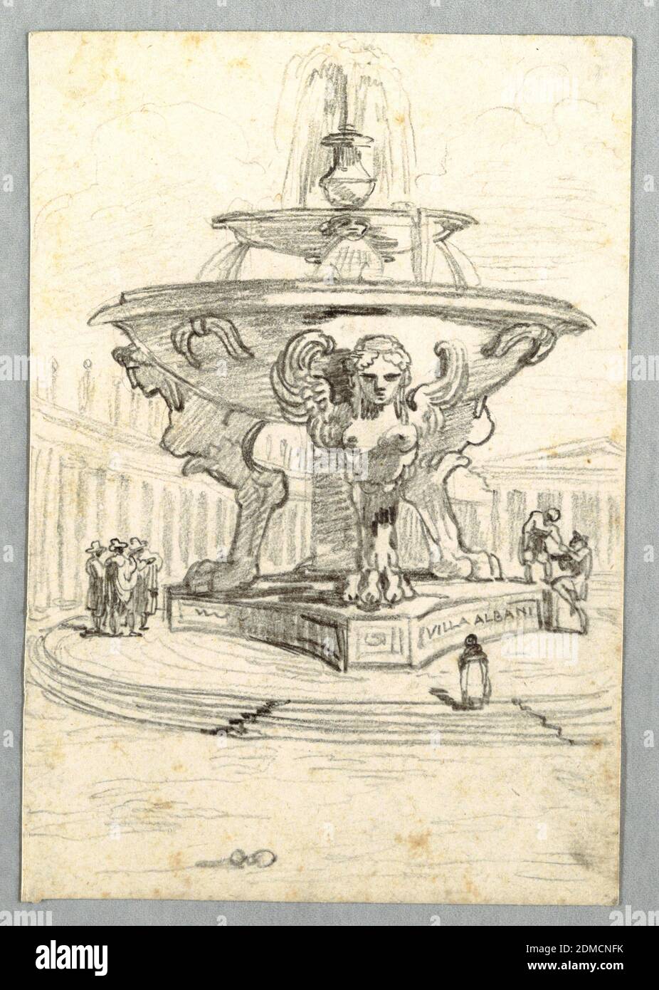 Fontana sostenuta da tre Harpies e tre gruppi di persone in Giardino a Villa Albani, Roma, Felice Giani, italiano, 1758–1823, gesso nero su carta bianca, grande fontana con due bocce, bacino inferiore sostenuto da palo centrale e tre arpie alate. Tre gruppi di persone nelle vicinanze., Italia, 1780–1820, figure, disegno, disegno, Fontana sostenuta da tre arpe e tre gruppi di persone nel Giardino di Villa Albani, Roma, Felice Giani, Italiano, 1758–1823, gesso nero su carta di wove bianca, grande fontana con due ciotole, bacino inferiore sostenuto da palo centrale Foto Stock