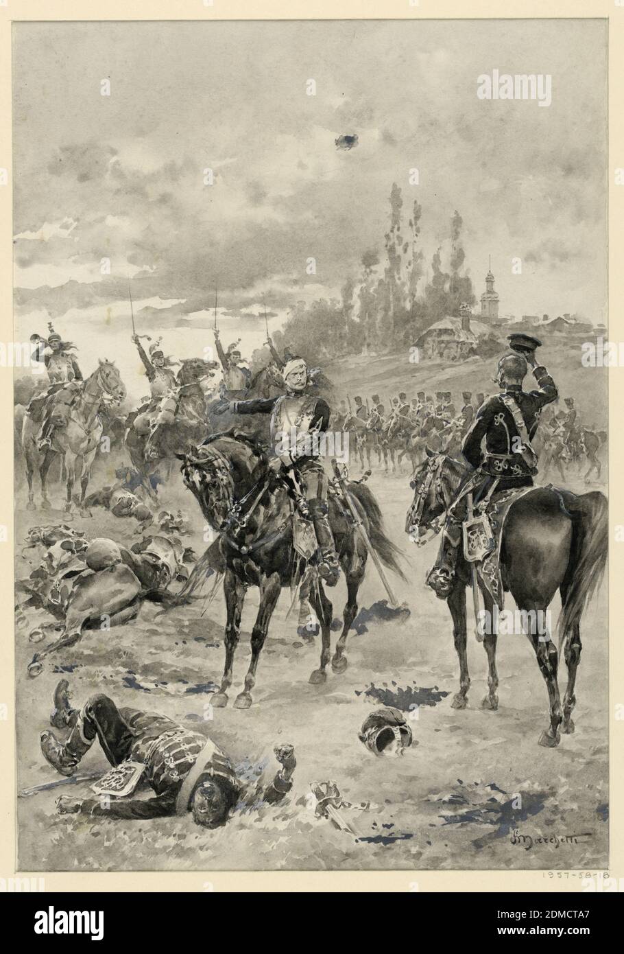 Vedete, Signore, la resa è fuori questione, Ludovico Marchetti, italiano, 1853 - 1909, grafite, con lavaggi grigi e neri, con risaltamento bianco su carta acquerello bianca, un ufficiale ferito di cavalleria, a cavallo, si rivolge ad un altro. La scena è su un campo di battaglia., USA, 1891, figure, disegno Foto Stock