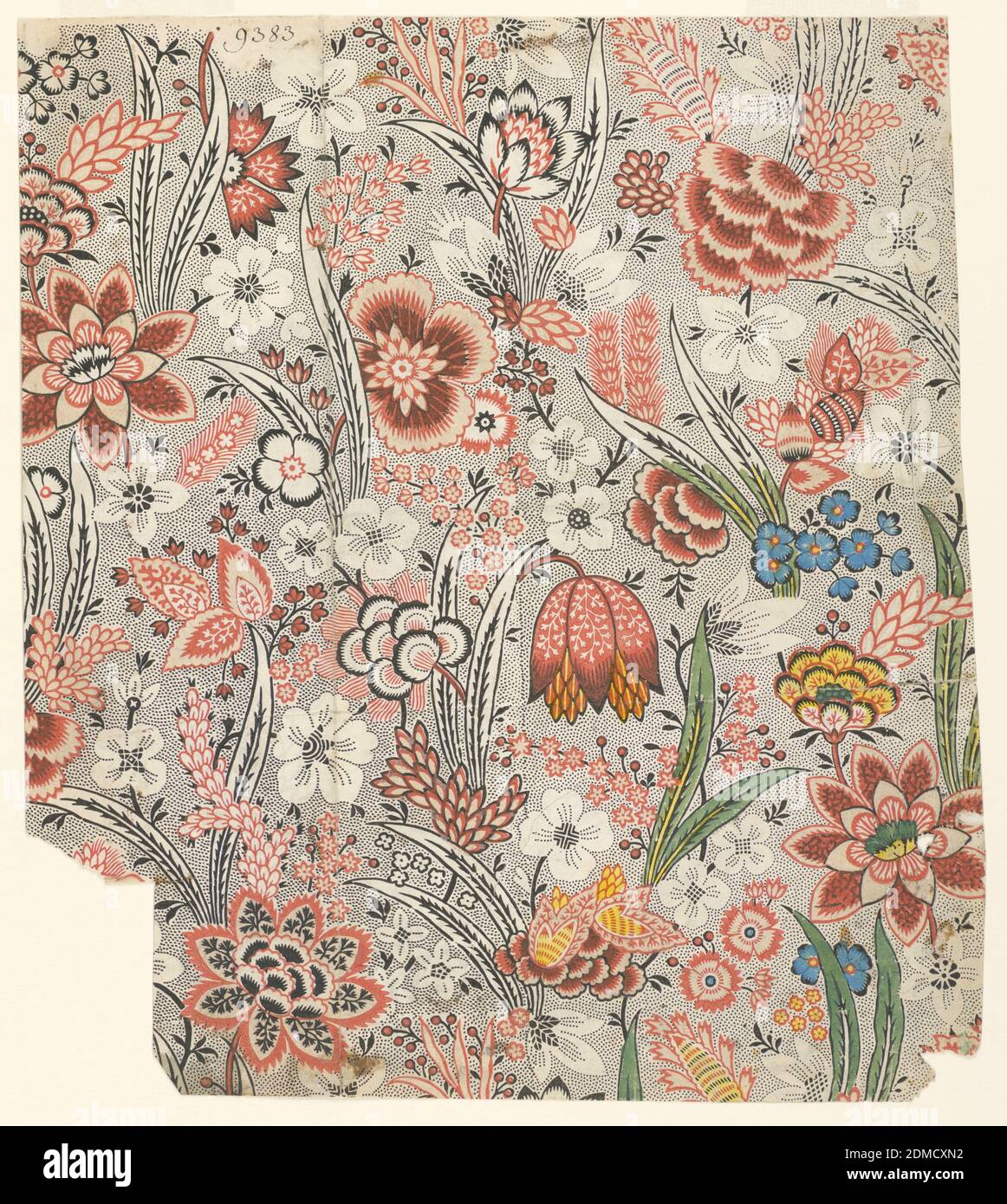 Disegno per stampa tessile, Woodcut su carta crema, foderata, Alover floreale in arancio, marrone, giallo, blu, verde e nero., Francia, ca. 1759–1815, disegni tessili, Stampa Foto Stock