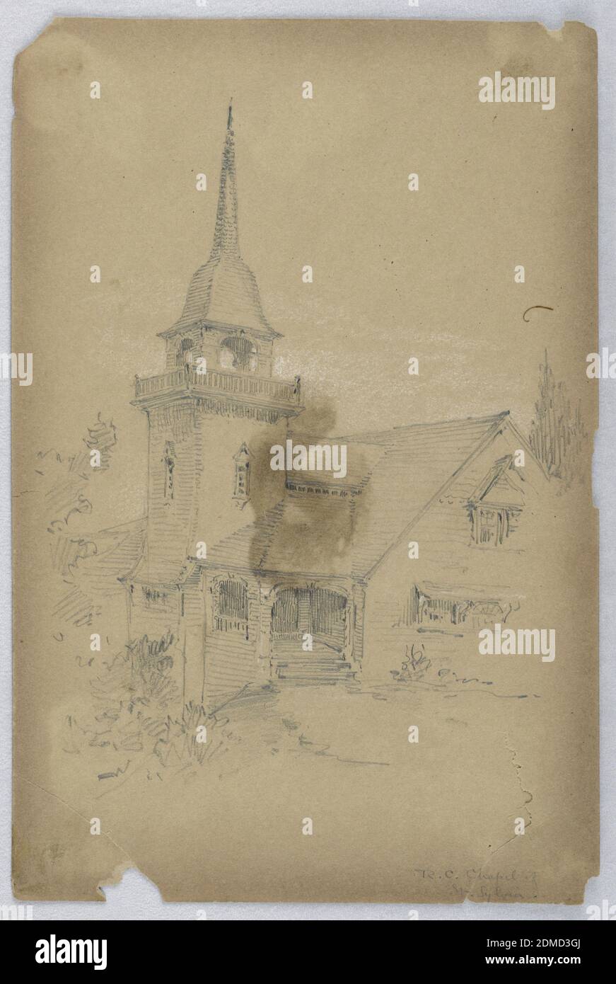 Cappella cattolica romana di San Silvia, Arnold William Brunner, americano, 1857–1925, grafite e bianco in alto su carta marrone, Cappella sul pendio, campanile a sinistra., USA, 1887–88, architettura, disegno Foto Stock