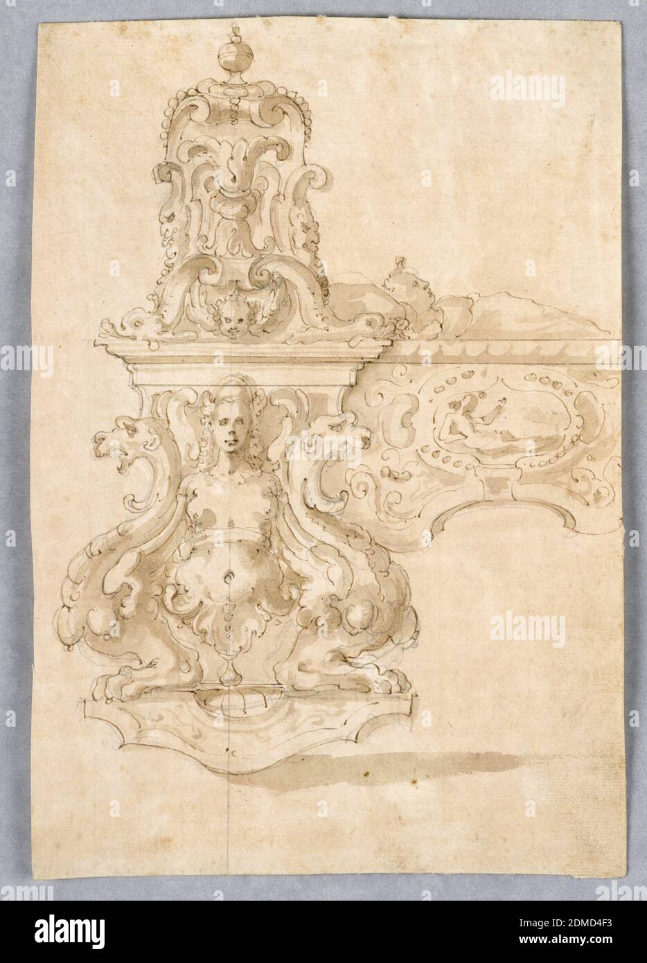 CULLA, sconosciuta, penna e inchiostro marrone con lavaggio marrone e tracce di grafite, carta deformato biancastra su supporto cartaceo secondario, Italia, ca. 1580, mobili, disegno Foto Stock