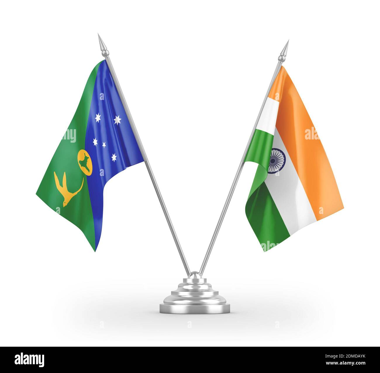 Bandiere da tavolo dell'India e dell'Isola di Natale isolate su 3D bianco rendering Foto Stock