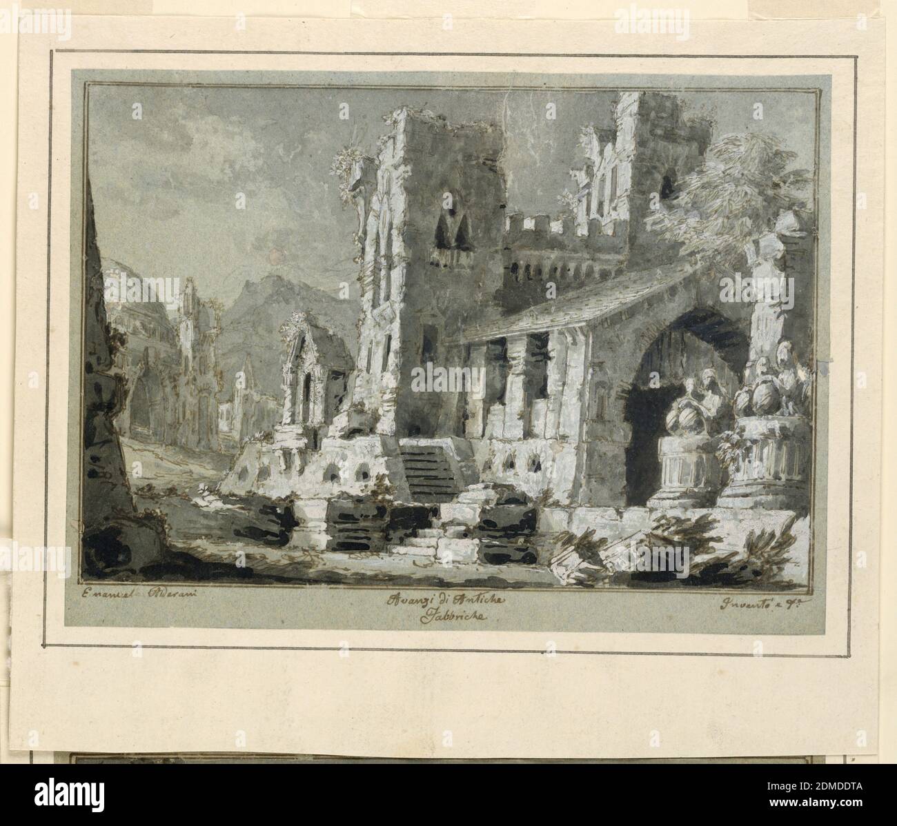 Stage Design, rovine di edifici antichi, design per gli Avventurieri di Carlo Valentini (1790-1853), prodotto al Teatro Pantera di Lucca nel 1837, Emanuele Alderani, italiano, attivo 1829-1855, inchiostro penna e marrone, pennello e lavaggio grigio e marrone, gouache bianche su carta blu-verde, rettangolo orizzontale. Rovine gotiche del castello in paesaggio., Livorno o Lucca, Italia, 1836–37, teatro, disegno Foto Stock