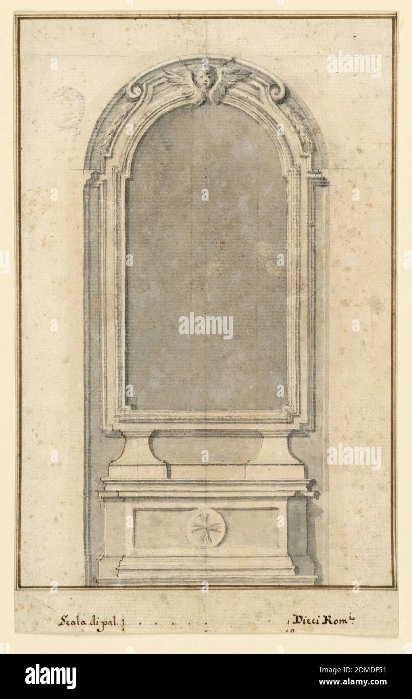 L'elevazione di un altare, gesso nero, penna, inchiostro, pennello e colore grigio dell'acqua su carta, Italia, 1760–1790, architettura, disegno Foto Stock