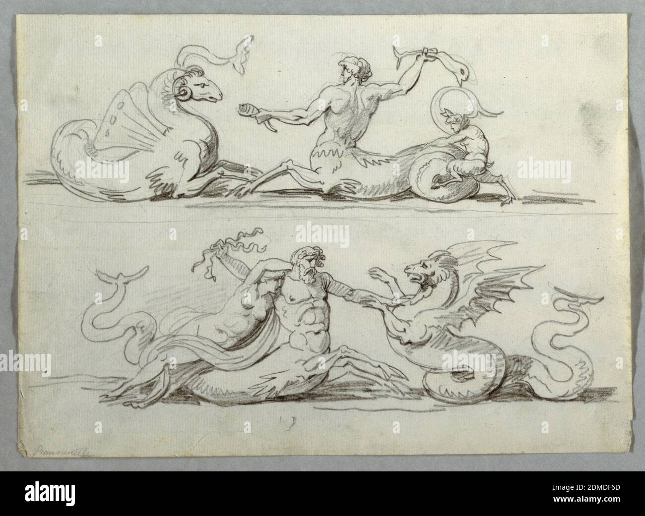 Sea Centaur Battles Sea Monster, Felice Giani, italiano, 1758–1823, gesso nero su carta bianca, sopra a sinistra, un mostro con testa di ariete e ali di farfalla. Un giovane centauro visto da sinistra e da dietro, ha il corno in mano sinistra e un pesce che oscilla con destra. Il giovane satiro che gli tinge la coda. Sotto, mostro a destra, centauro lo ha preso con la mano sinistra. Sulle spalle del centauro giace una donna., Italia, ca. 1805, figure, disegno Foto Stock