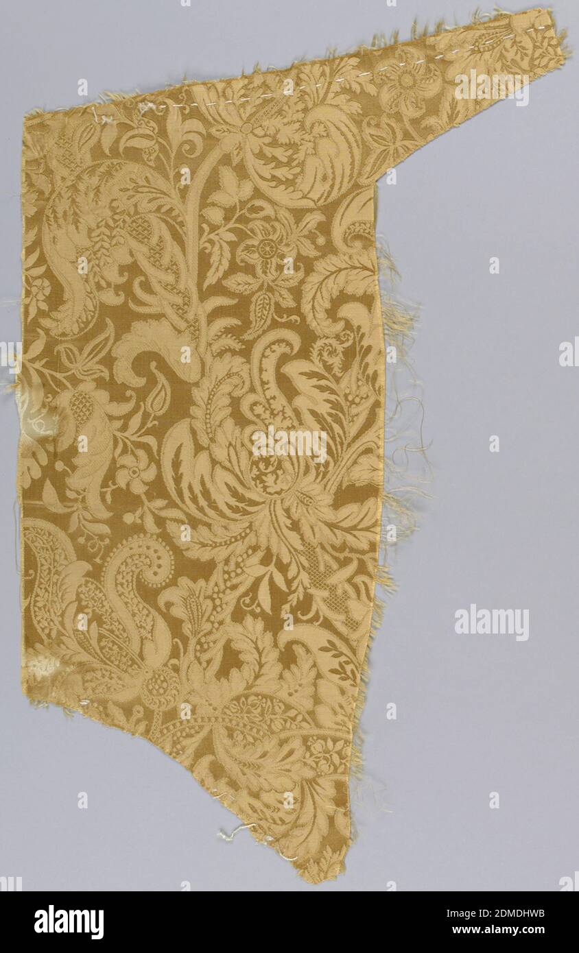 Tessile, Medio: Seta tecnica: Tessitura satinata, abito in seta color champagne con motivo laccio., Italia, XIX secolo, tessuti tessuti, tessile Foto Stock