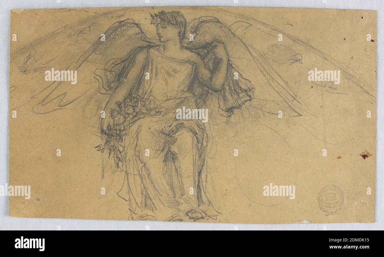 Schizzo di Angelo con fiori, Francis Augustus Lathrop, americano, 1849 - 1909, grafite su carta marrone, Angelo seduto di fronte, guardando a sinistra nel profilo. Mano destra con fiori sul giro, USA, ca. 1895, figure, disegno Foto Stock