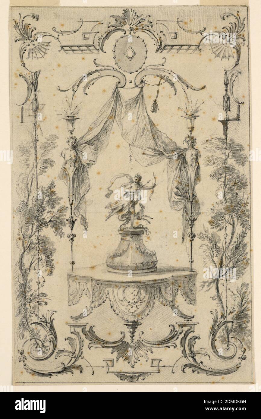 Design for Wall Panel on Theme of Diana, Gabriel Huquier, francese, 1695–1772, Antoine Watteau, (francese, 1684–1721), gesso nero, pennello e lavaggio grigio, tracce di stilo su carta crema, una statua di Diana in inseguimento, accompagnato da un cane, appare su un piedistallo guarnito su una piattaforma da cui è sospeso un lampo scaloppato. Il drappeggio è sospeso dalle volute di fronte agli occhi e catturato ai lati da figure di herm. Cornice Arabesque, mescolando con gli alberi ai lati, comprende scrolls, bat-wing, e trellis ornamentation., Francia, ca. 1730, ornamento, disegno Foto Stock