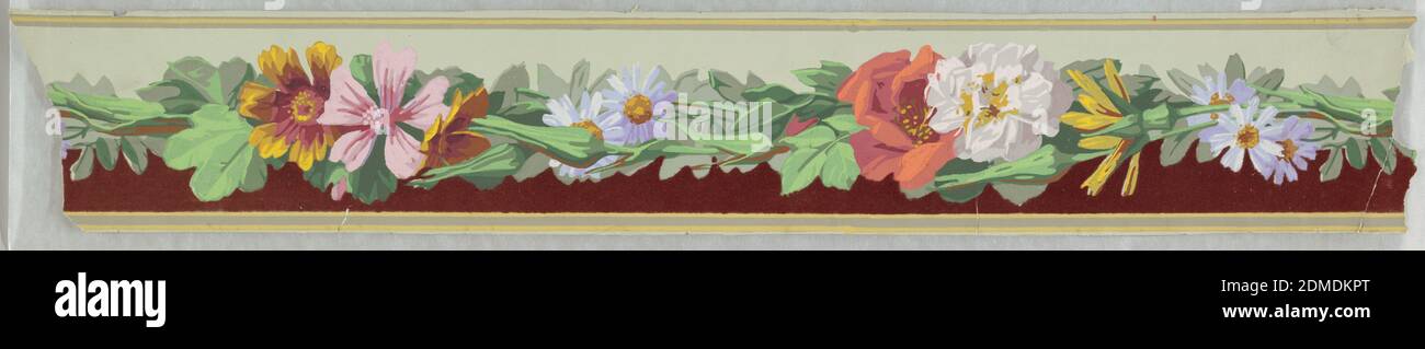 Bordo, stampato a blocchi, floccato, banda orizzontale di fiori multicolore con foglie verdi posta sotto un terreno grigio e sopra un campo di flock rosso scuro., Francia, 1860, Wallcoverings, Border Foto Stock