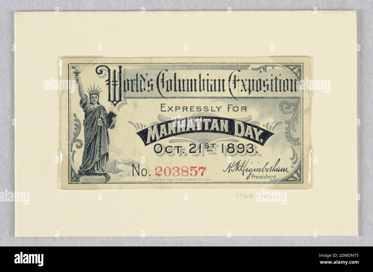 Biglietto per la World's Columbian Exposition, espressamente per il Manhattan Day, 21 ottobre 1893, litografia offset su carta wove, New York, USA, USA, 1893, Ephemera, Stampa Foto Stock