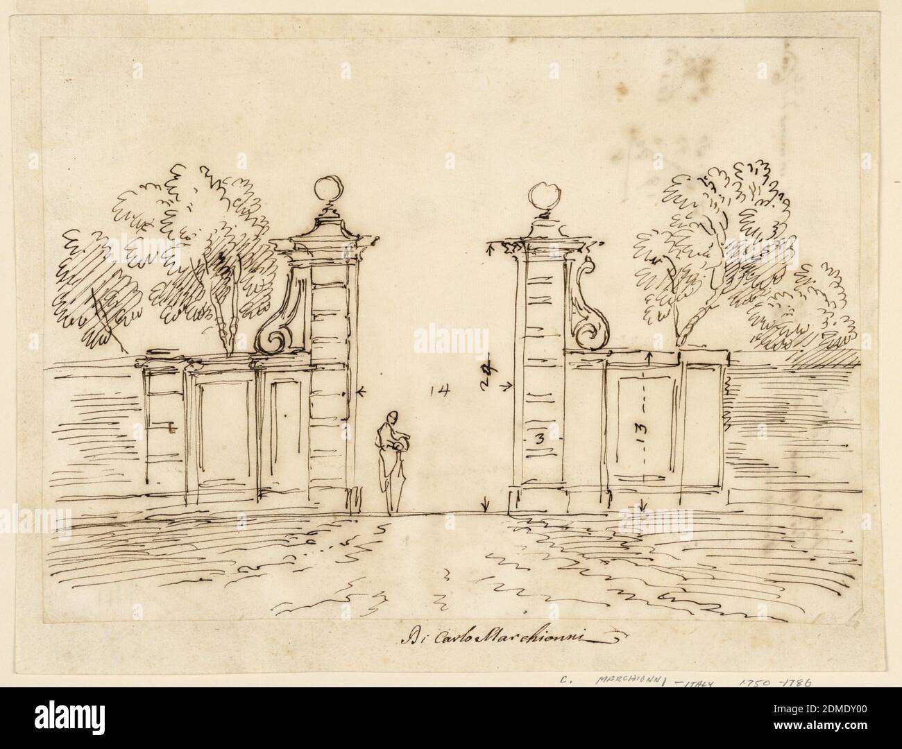 Disegno per una porta di una Villa, Carlo Marchionni, italiano, 1702–1786, penna e inchiostro su carta, pilasters con montoni sulla cornice superiore dell'apertura. Le volute collegano le loro parti superiori con la parete del giardino, le parti più vicine al cancello del quale sono sagomate come pannelli fiancheggiati da pilasters. Un uomo in piedi in apertura. Le misurazioni sono inscritte. Sul verso: "Debito di…(?) LEM le / credito mio / Gerchecca (?) / …(?) In man d(i) G…o(?)Cunder(?)" E ha colpito fuori i conti., Italia, 1750–55, architettura, disegno Foto Stock