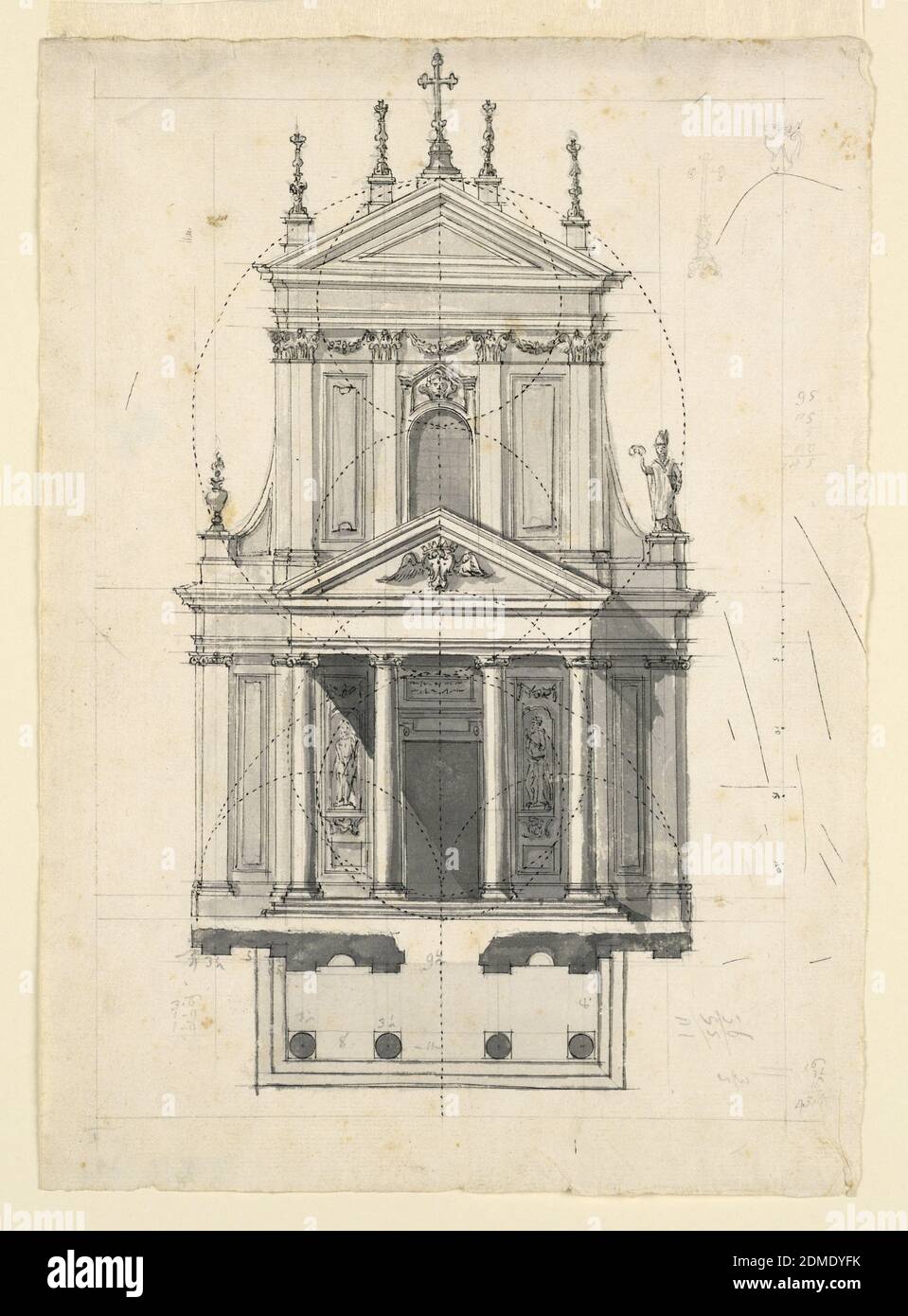 Studio proporzionale di una chiesa façade, penna e inchiostro con lavaggio a inchiostro, un esercizio in proporzioni architettoniche, a seguito del lavoro di Vitruvio con adattamenti barocchi, Italia, ca. 1750–75, architettura, disegno Foto Stock