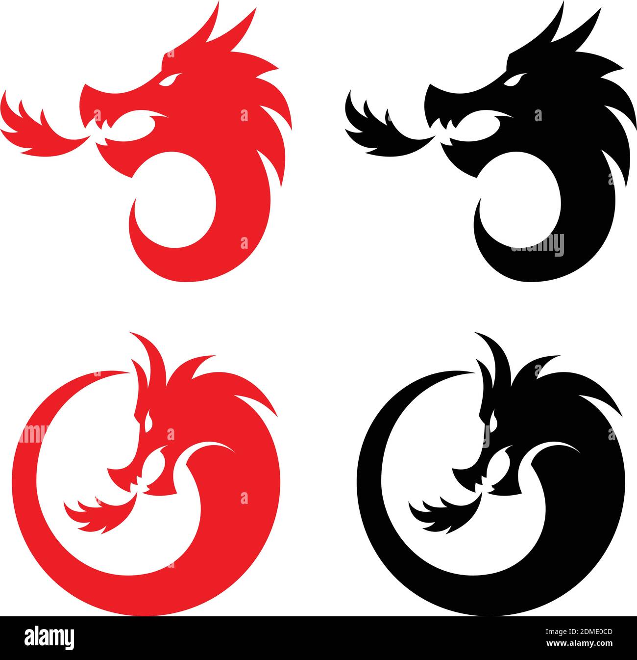 Illustrazioni vettoriali stilizzate di sagome dei draghi a forma di tondo su sfondo bianco. Disegno creativo drago vettoriale. Illusione vettoriale Illustrazione Vettoriale