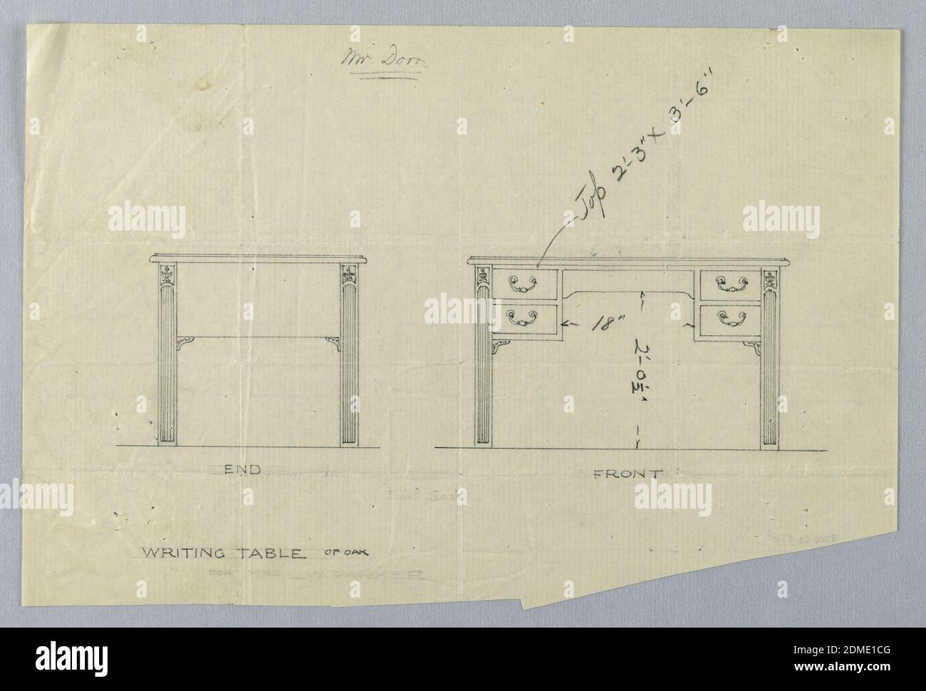 Disegno per tavolo di scrittura per il sig. Dorn in due viste, A.N. Davenport Co., grafite su carta crema sottile, 1900–05, mobili, disegno Foto Stock