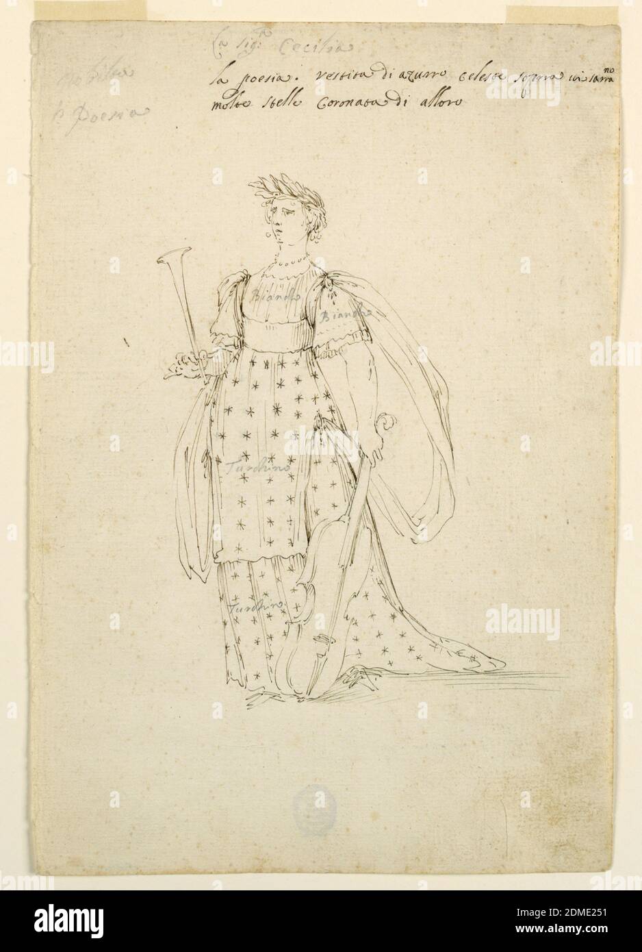 Costume Design: Poesia per balletto, matita di piombo, penna e inchiostro su carta, rettangolo verticale. Una donna è mostrata, in piedi, con una tromba nella mano destra, la mano sinistra tiene il collo di un violino-violoncello. Il suo cappotto è decorato con file di stelle. Scritto in alto, a matita: 'La siga Cecilia,' nell'angolo in alto a sinistra: 'Nobilta/o Poesia' nella parte superiore del bodice, e nella manica sinistra: 'Biancho' nella parte lwoer del bodice, e nella gonna: 'Turchino.' Scritto sopra, con inchiostro (a matita): 'La poesia vestita di azurro celeste sopra ivi saranno' Foto Stock