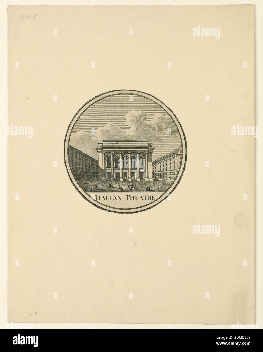 Theatre des Italiens, Parigi, incisione su carta, circolare. Come -1403. Vista diritta della facciata e vista obliqua delle case vicine. La gente si trova di fronte a due delle porte e sulla piazza. Didascalia: 'TEATRO ITALIANO'., Europa e USA, Inghilterra, ca. 1790, teatro, Stampa Foto Stock