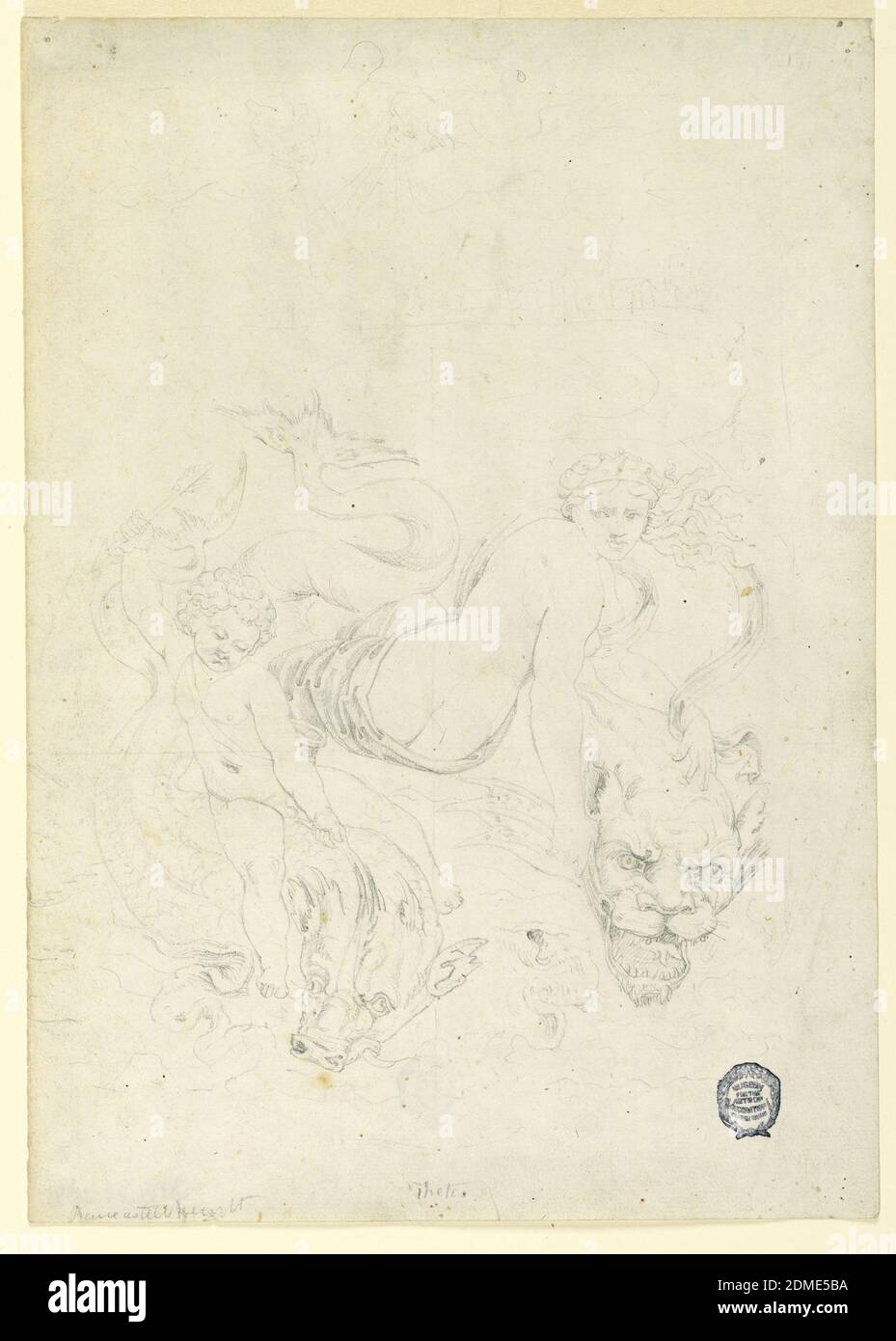 Tetis e Cupido Equitazione Pesce, fortunato Duranti, Italiano, 1787 - 1863, grafite su carta, Cupido, a sinistra, alza la mano destra, in cui tiene una freccia, e grappa la pinna del delfino che sta guidando con la mano sinistra. Tetis si siede con la testa serrata intorno alla parte anteriore mentre tiene la pinna del pesce leone-testa che corre. Le teste di due putti, una con le labbra a purea come se soffiano, sono raffigurate sopra., Roma, Italia, ca. 1820, classicismo, disegno Foto Stock