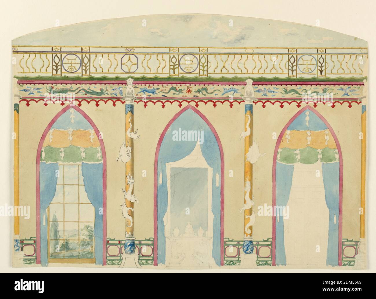 Design per Muro con tre archi gotici, Royal Pavilion, Brighton, Frederick Crace, inglese, 1779–1859, Pennello e acquerello, grafite su carta, elevazione di un muro, con le tre divisioni di finestra (sinistra), camino (centro), e porta (destra), racchiuso all'interno di scomparti dipinti ad arco appesi con drappeggi. Colonne con draghi avvolgente occupano gli spazi tra le aperture. Fregio di uccelli e draghi sopra. Soffitto di cielo nuvoloso e balaustra sopra indicato., Inghilterra, 1801, architettura, interni, disegno Foto Stock