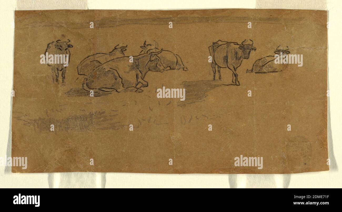 Mucche in un pascolo, Winslow Homer, americano, 1836–1910, grafite su carta, Horiztonal vista delle mucche in un pascolo., USA, 1870, paesaggi, disegno Foto Stock