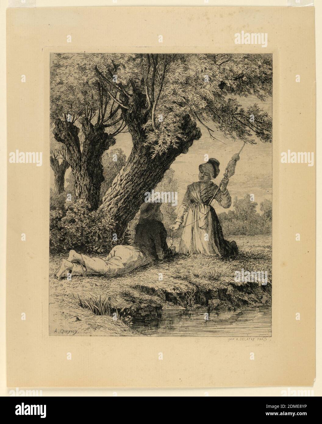 En Bourbonnais, Armand Queyroy, 1830 - 1893, incisione su carta, sotto un grande albero, vicino ad una piscina, una giovane donna si inginocchia e gira davanti ad un papà che giace sullo stomaco. Inscritto, in basso a sinistra: "A.. Queyroy'., Francia, ca. 1865, Stampa Foto Stock