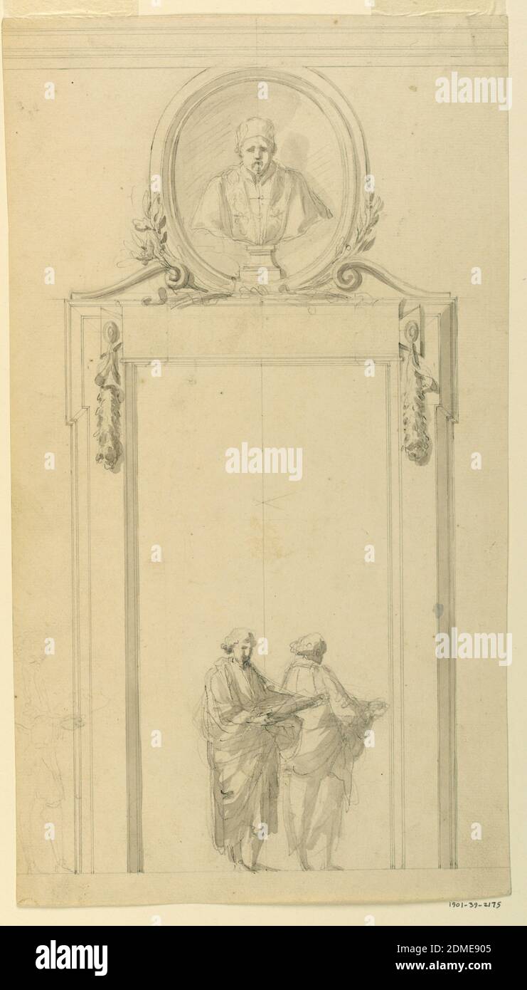 Design per telaio porta, Carlo Marchionni, italiano, 1702–1786, grafite, pastello nero, pennello e lavaggio nero su carta depressa, una tavoletta per iscrizione dalla quale sono sospesi due ghirlande davanti alla parte superiore del telaio porta. La porta di sopra è formata da una nicchia tra due cornici bassi; busto di un papa. Due leggenti sulla porta, un terzo leggermente abbozzato a sinistra., Italia, ca. 1775, architettura, disegno Foto Stock