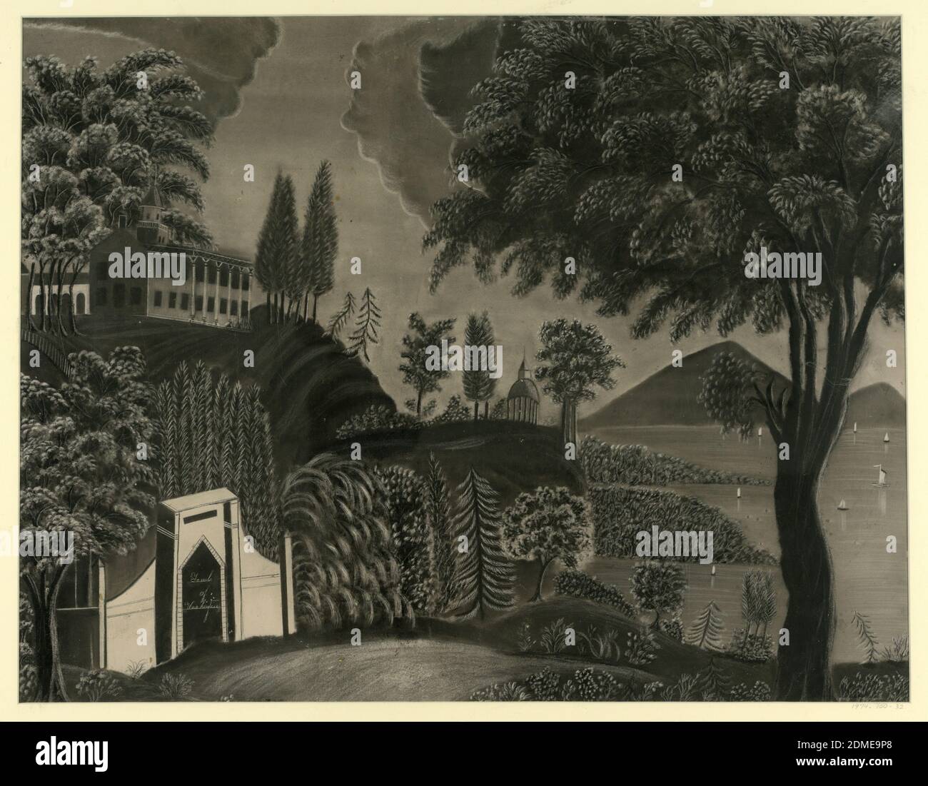 Tomba di George Washington, Mt. Vernon, sconosciuto, americano, nero, gesso bianco, pennello e gouache bianco, penna e inchiostro bianco su carta preparata, vista del Monte Vernon, il fiume Potomac, e la tomba di Washington., USA, ca. 1820, architettura, disegno Foto Stock