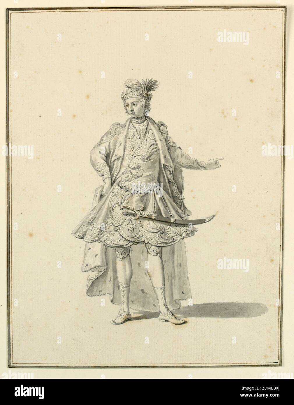 Disegno Costume: Principe Persiano, per una produzione scenografica disegnata da Giuseppe Galli Bibiena, penna e inchiostro grigio, lavaggio grigio, matita su carta, rettangolo verticale. A tutta lunghezza di un uomo, di fronte allo spettatore, la testa si girò verso sinistra. La sua mano destra è a questa anca, la sinistra gesturing. Indossa un elaborato costume broccato, con un capo erminio-foderato su di esso. Sulla sua testa un turbante adorato con un pennacchio e gioielli. Una spada è al suo fianco., Italia, Vienna, Austria, 1719, figure, disegno Foto Stock