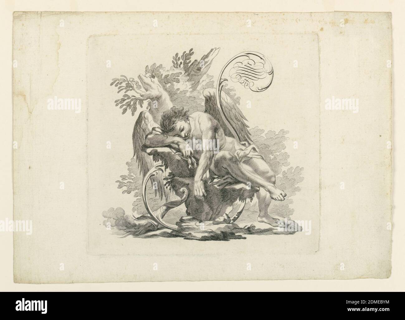La lettera S, Giovanni Battista Betti, italiano, attivo 1754 - 1777, incisione su carta, rettangolo orizzontale. Figura allegorica del sonno sotto forma di un ragazzo con le ali, sta dormendo su un tumulo e all'interno della lettera 'S', che è formato da un rotolo e un fiorire. Alberi frondosi sullo sfondo, una cornucopia che emette nuvole di fumo in basso a sinistra. Parte di una serie di stampe di lettere alfabetiche., Firenze, Italia, 1775, effimera, Stampa Foto Stock