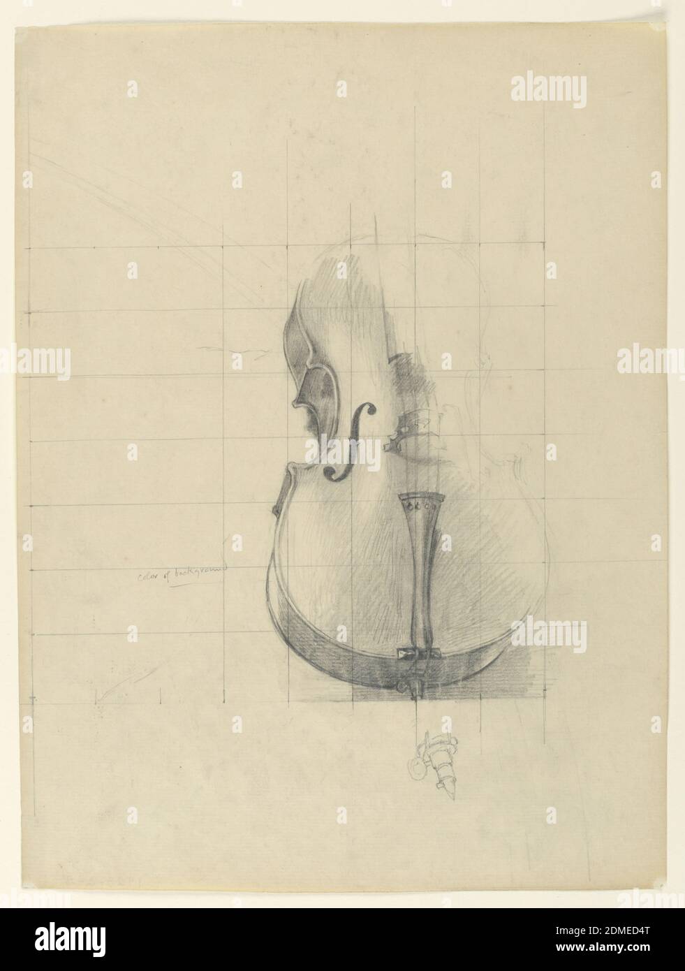 Studio per 'Musica', 'le Arti', Biblioteca del Congresso, Washington D.C., Kenyon Cox, americano, 1856–1919, grafite su carta, schizzo parziale del corpo di un violino. La carta è squadrata per il trasferimento dell'immagine., Washington, D. C., USA, ca. 1895, musica, disegno Foto Stock