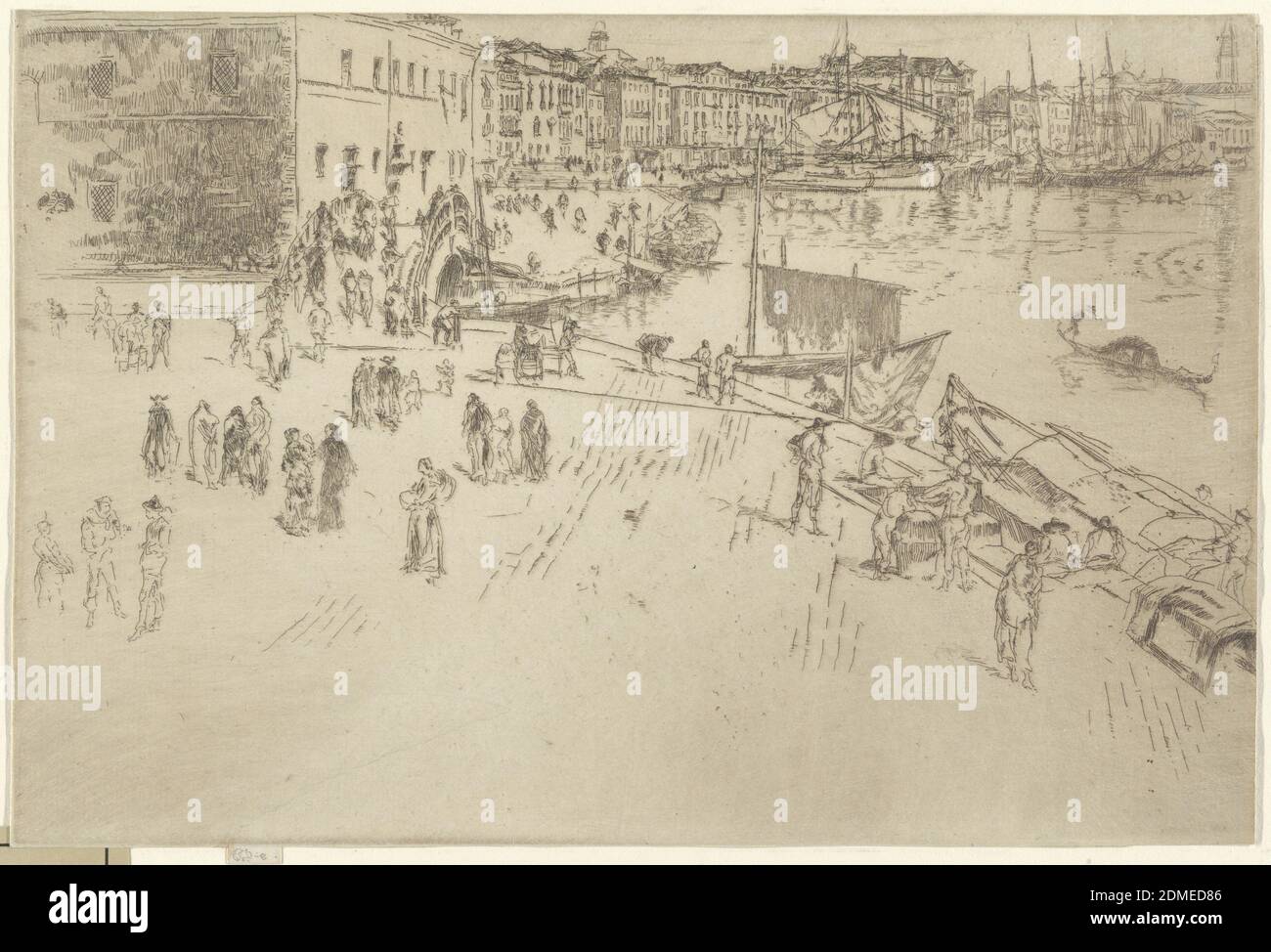 Riva, No.1, James McNeill Whistler, americano, 1834–1903, incisione e punto di essiccazione su carta, Vista da un alto punto di vista. Il canale, fiancheggiato da case, sullo sfondo; vista a distanza delle cupole di San Marco, destra., USA, 1879–1880, paesaggi, Stampa Foto Stock
