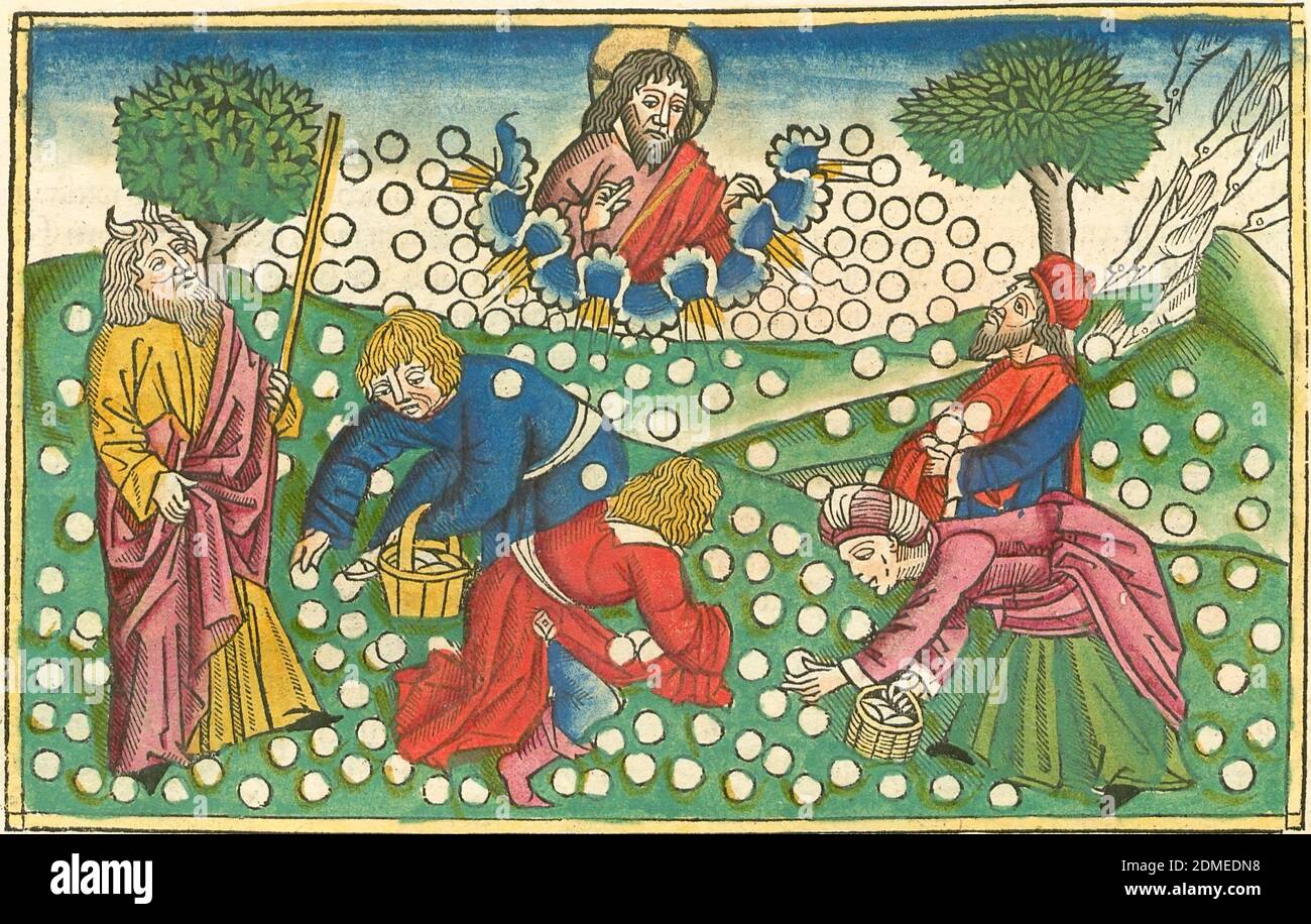 Mosè e gli Israeliti stavano raccogliendo Manna, intagliata in legno colorato del XV secolo dalla Bibbia di Koberger Foto Stock