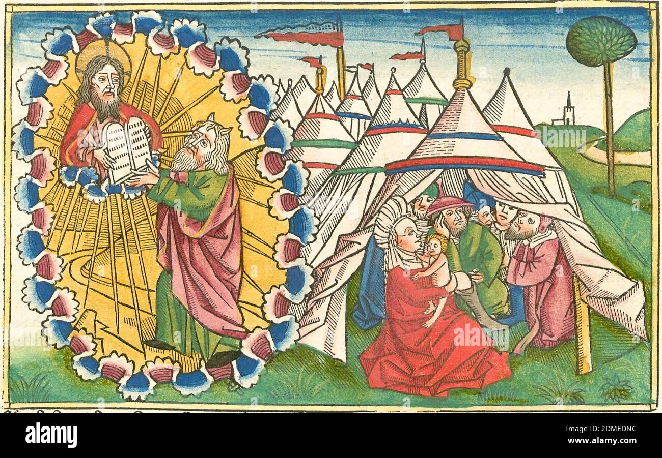 Mosè riceve i dieci Comandamenti Slate, legno colorato del 15 ° secolo dalla Bibbia di Koberger Foto Stock