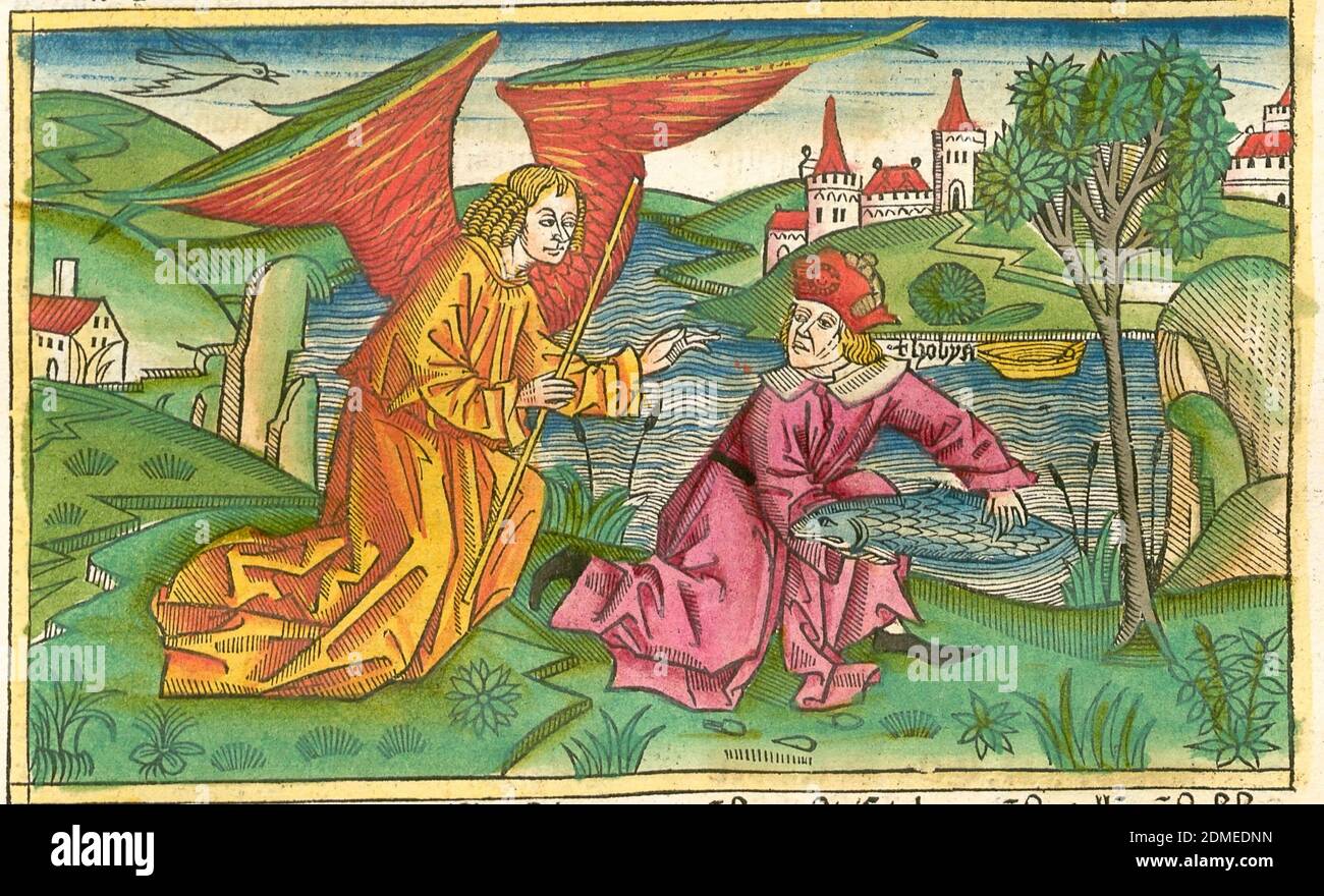 Tobiah e l'angelo, quattrocentesco legno colorato dalla Bibbia di Koberger Foto Stock
