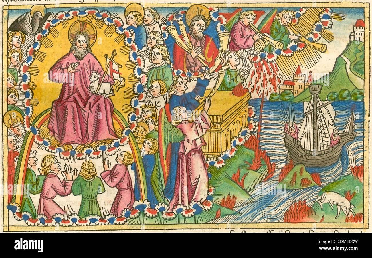 Il settimo sigillo e il censore, 15 ° secolo colorato legno tagliato dalla Bibbia di Koberger Foto Stock