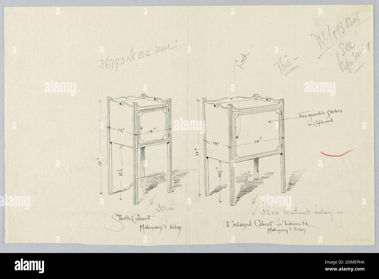 Disegni per due armadi a magazzino, A.N. Davenport Co., penna e inchiostro nero su carta crema sottile, due modelli identici di cabinet, uno leggermente più grande: Piccolo armadio rettangolare con pannello frontale stampato e bordi laterali stampati, quest'ultimo con foro ovale su entrambi i lati per il trasporto; rialzato su 4 gambe dritte alate., 1900–05, mobili, disegno Foto Stock