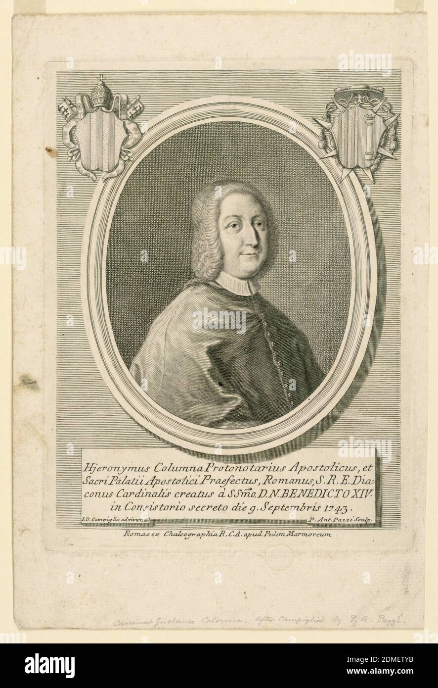 Ritratto di Girolamo colonna, Cardinale, Antonio Pazzi, 1706 - dopo il 1768, incisione su carta, ritratto a mezza lunghezza in tre quarti di vista verso destra. Il cardinale è barebheaded., Italia, ca. 1750, Stampa Foto Stock