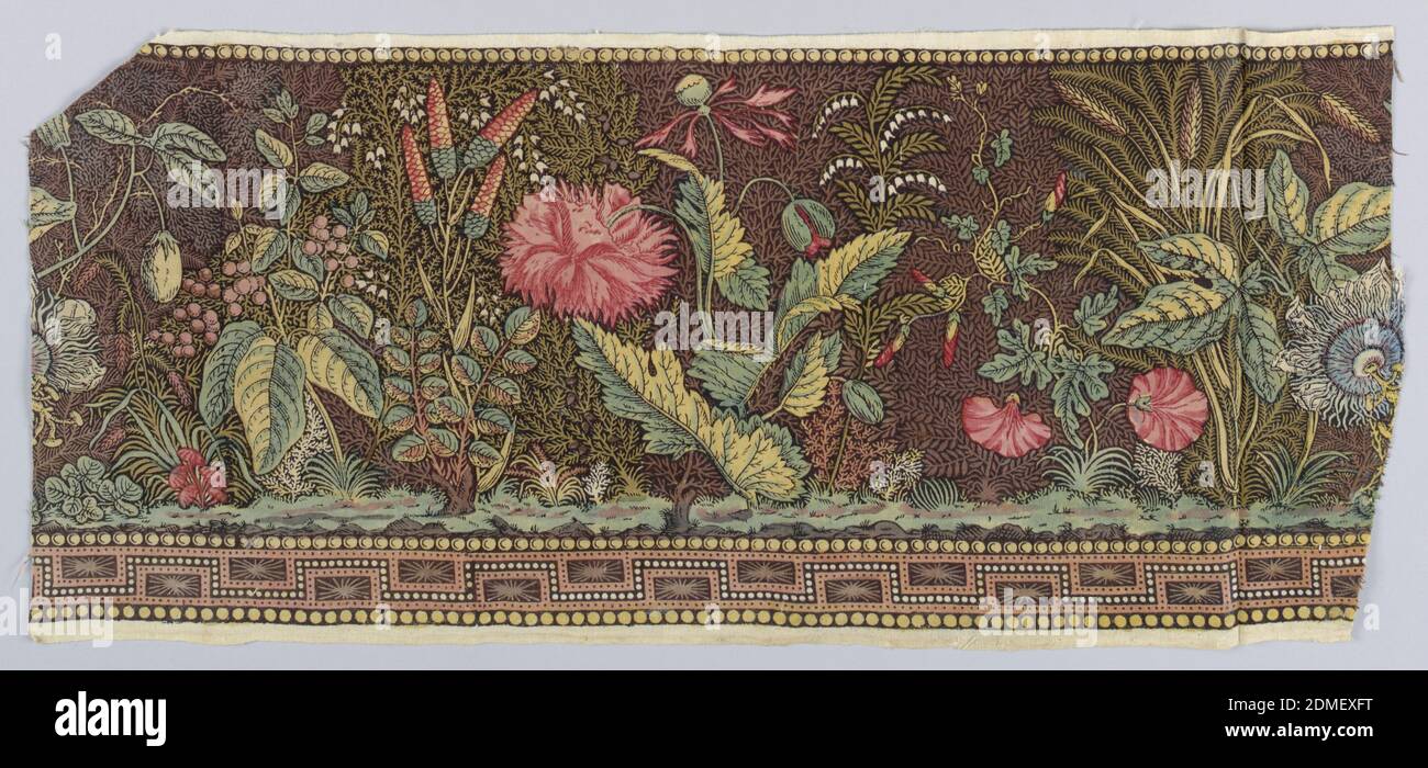 Bordo, Medio: Cotone tecnica: Colori del sommatore stampati a blocchi, giallo e blu applicati a pennello, fondazione a tessitura semplice, bordo orizzontale di piante che crescono in un paesaggio dimensionale. Spazi tra piante riempite con un ramo fine twiggy su sfondo nero., Europa, fine XVIII secolo, tessuti stampati, tinti e dipinti, bordo Foto Stock